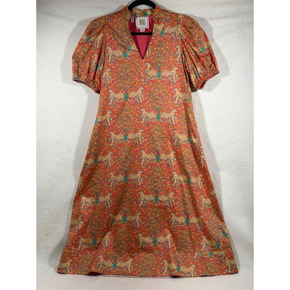 Emily McCarthy Midi Dress Women XS Orange Leopard Print Puff Sleeve V Neck Boho - Picture 15 of 15